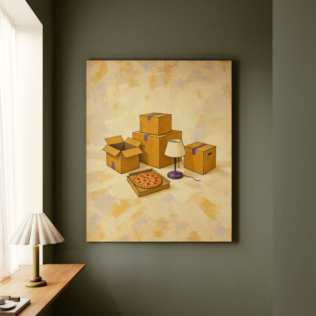 Sold: First Night – Apartment Wall Art with One Lamp and Floor Pizza – Canvas Wall Art