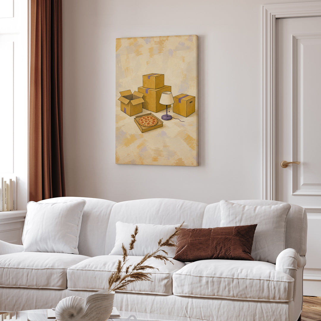 Sold: First Night – Apartment Wall Art with One Lamp and Floor Pizza – Canvas Wall Art