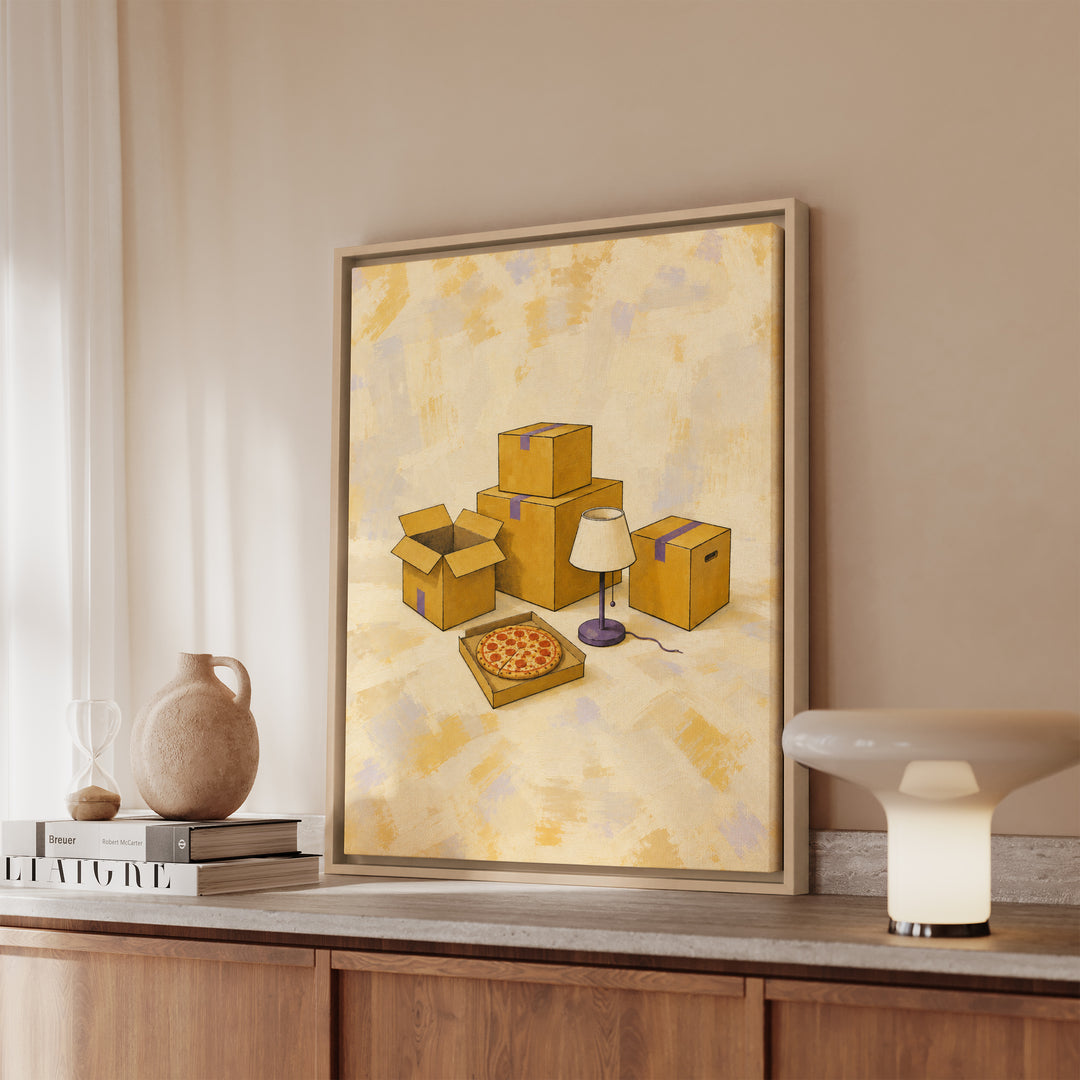 Sold: First Night – Apartment Wall Art with One Lamp and Floor Pizza – Framed Canvas Wall Art