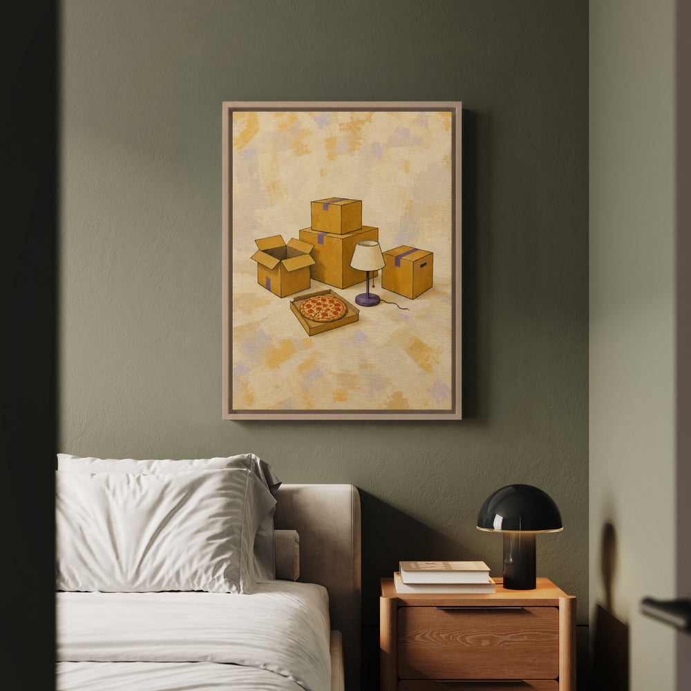 Sold: First Night – Apartment Wall Art with One Lamp and Floor Pizza – Framed Canvas Wall Art