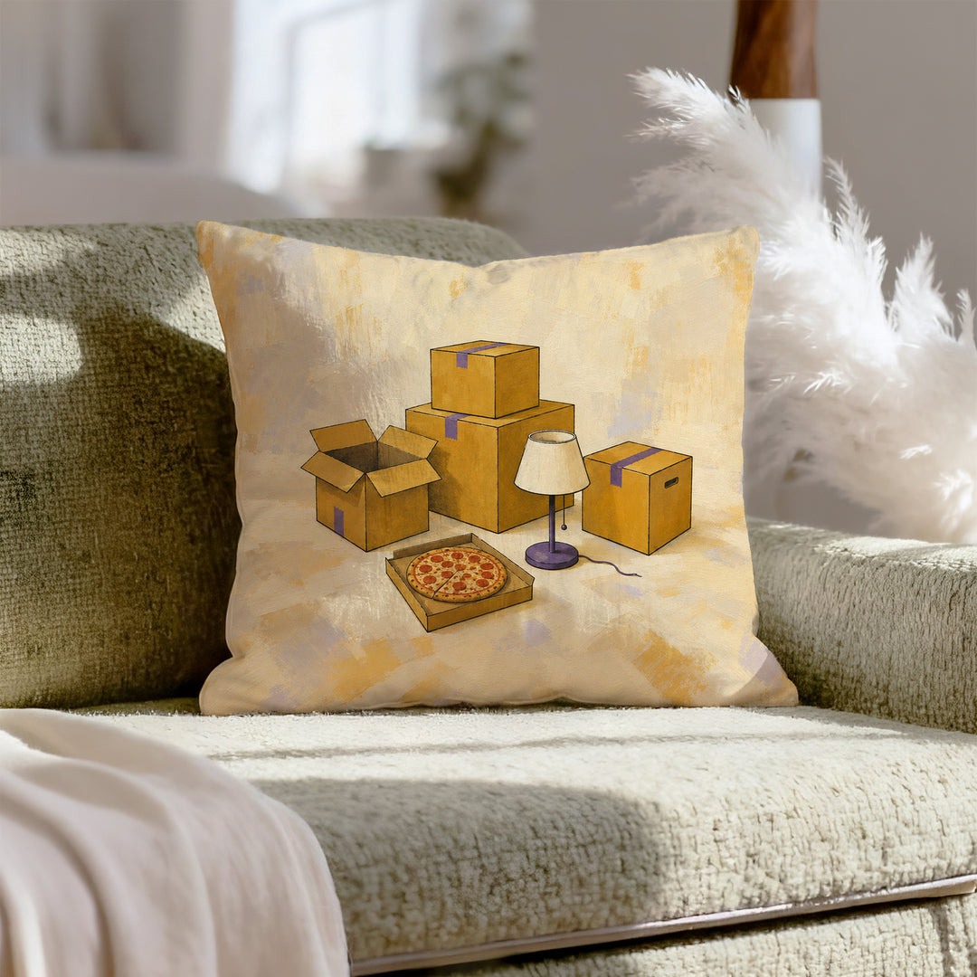 Sold: First Night – Apartment Decor with One Lamp and Floor Pizza – Throw Pillow