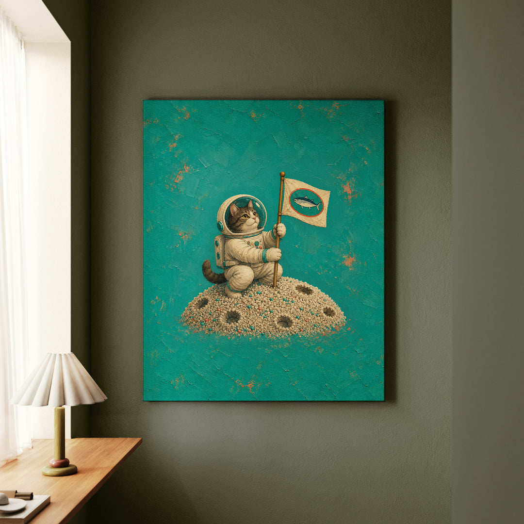 One Small Step – Whimsical Wall Art with an Astronaut Cat and a Flag – Canvas Wall Art