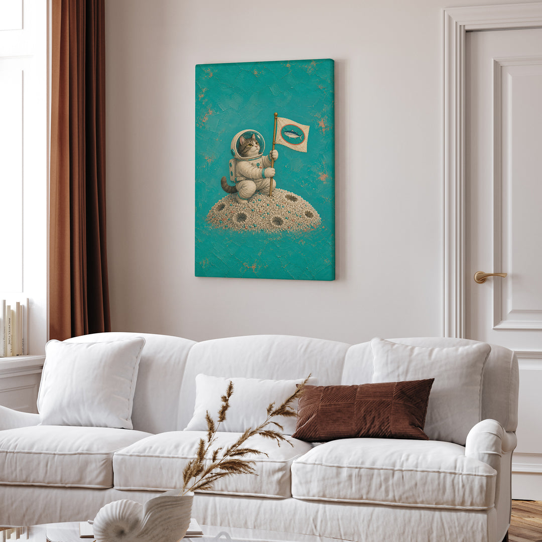 One Small Step – Whimsical Wall Art with an Astronaut Cat and a Flag – Canvas Wall Art