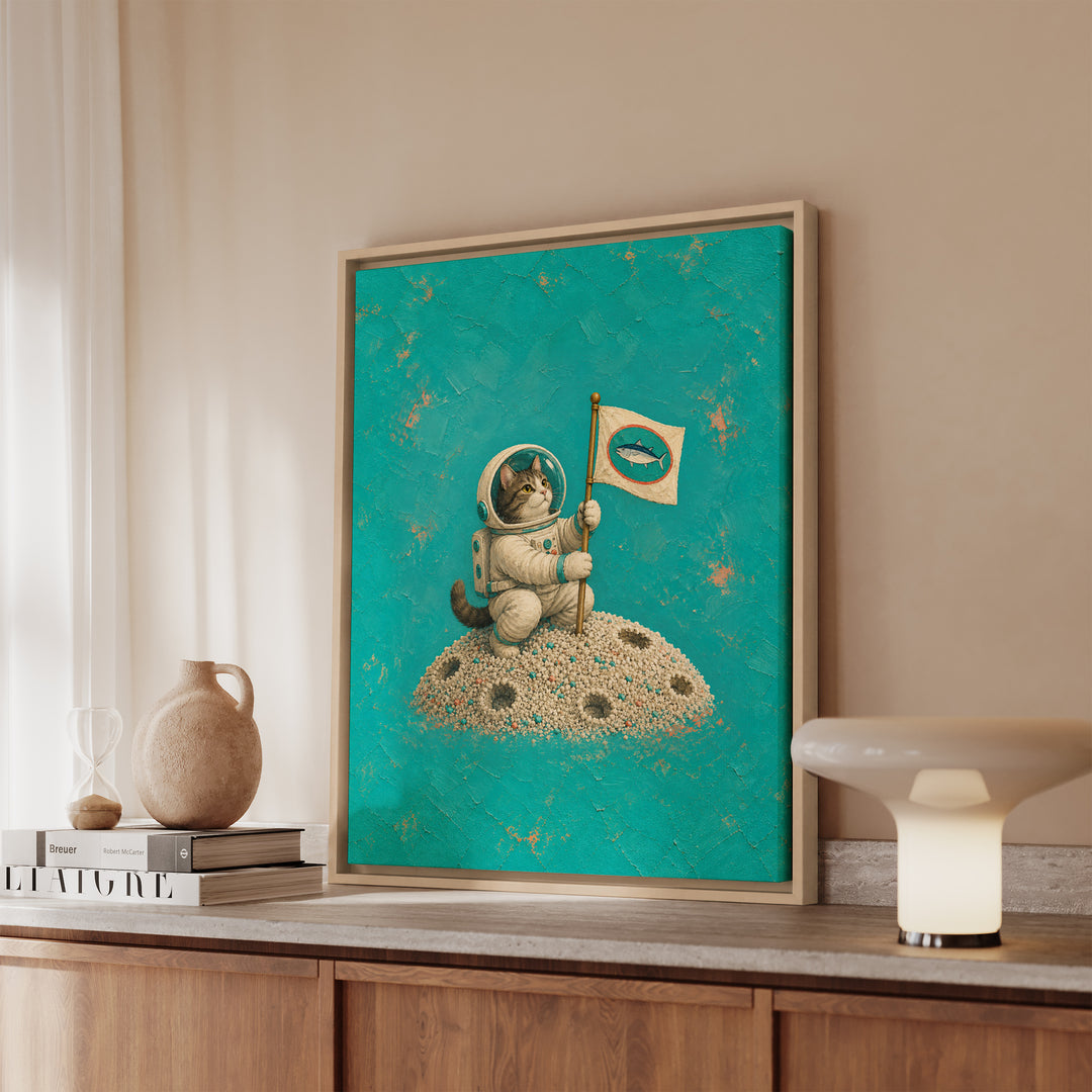 One Small Step – Whimsical Wall Art with an Astronaut Cat and a Flag – Framed Canvas Wall Art