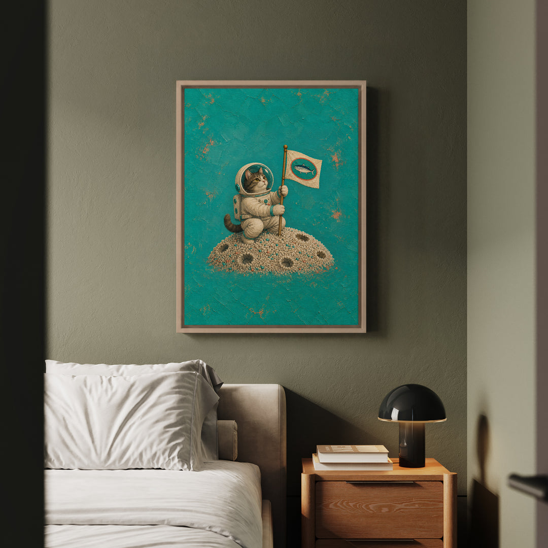 One Small Step – Whimsical Wall Art with an Astronaut Cat and a Flag – Canvas / Framed Canvas