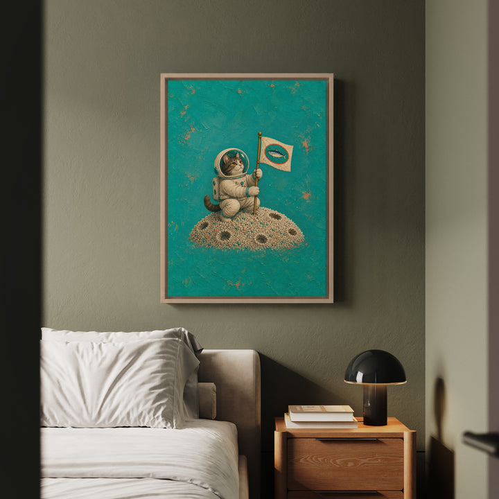 One Small Step – Whimsical Wall Art with an Astronaut Cat and a Flag – Canvas / Framed Canvas