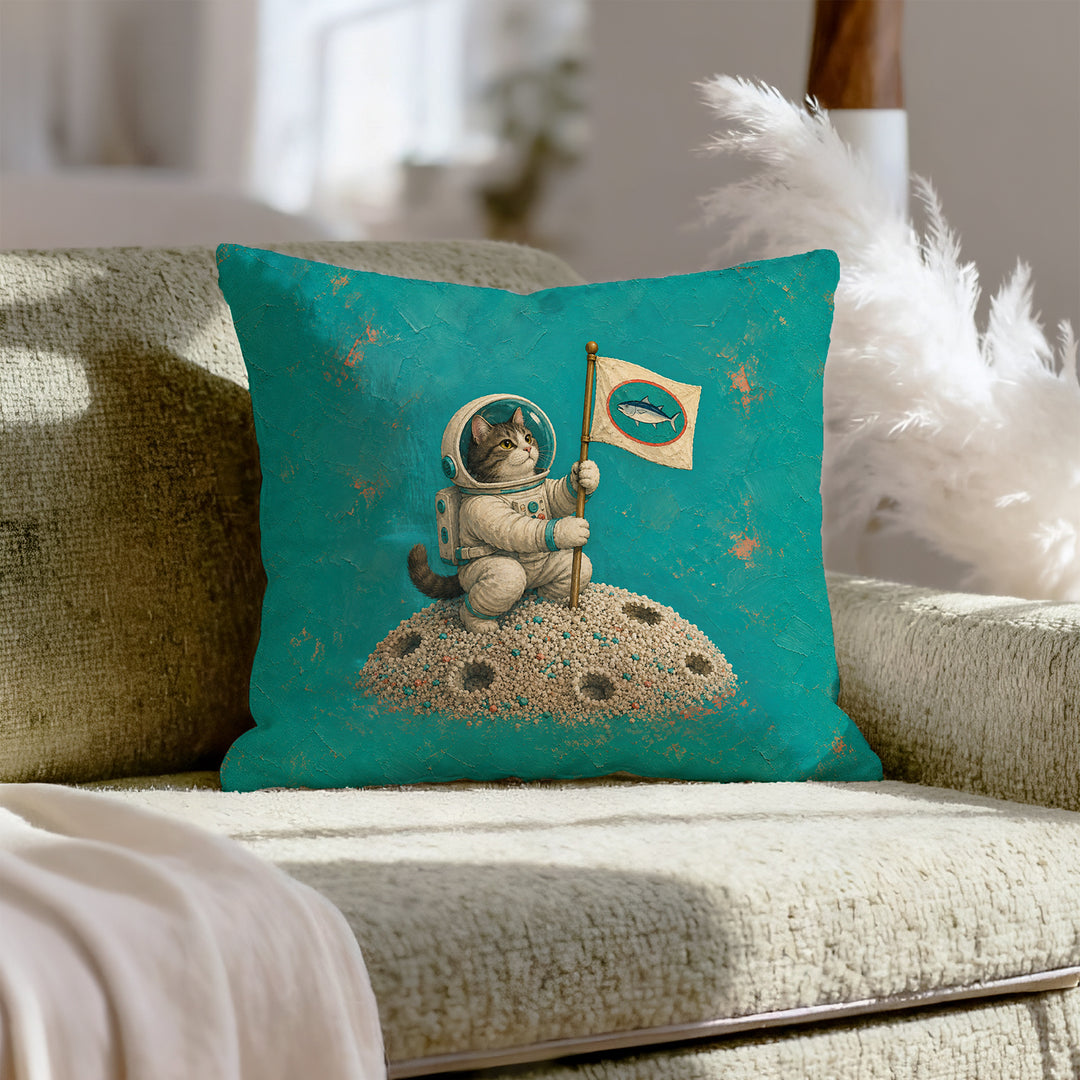 One Small Step – Whimsical Decor with an Astronaut Cat and a Flag – Throw Pillow