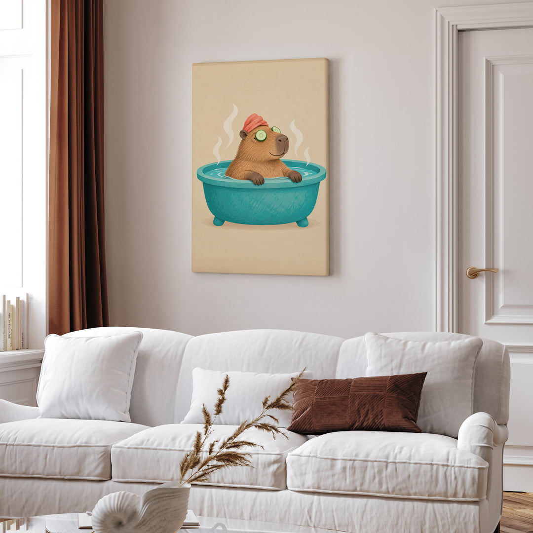 The Deep Soak – Capybara Wall Art in a Steaming Spa Bath – Canvas Wall Art