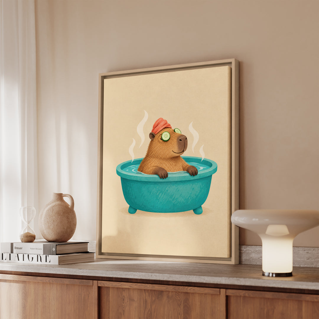 The Deep Soak – Capybara Wall Art in a Steaming Spa Bath – Framed Canvas Wall Art