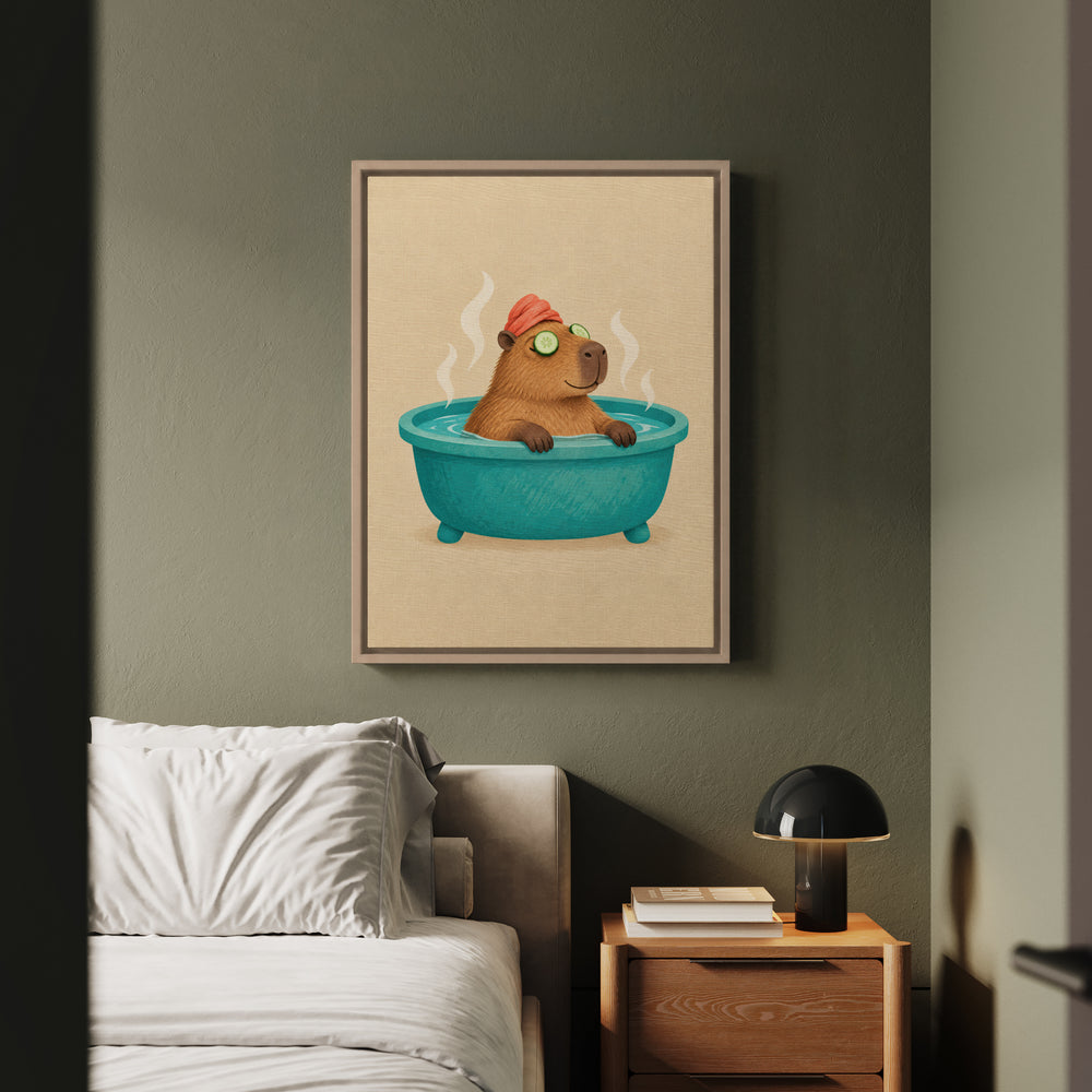 The Deep Soak – Capybara Wall Art in a Steaming Spa Bath – Framed Canvas Wall Art