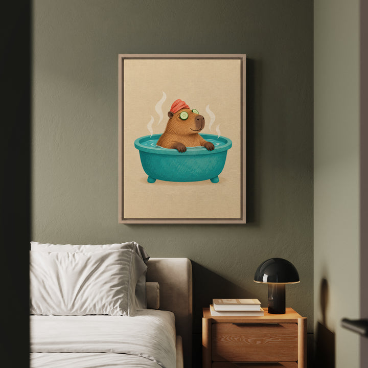 The Deep Soak – Capybara Wall Art in a Steaming Spa Bath – Canvas / Framed Canvas