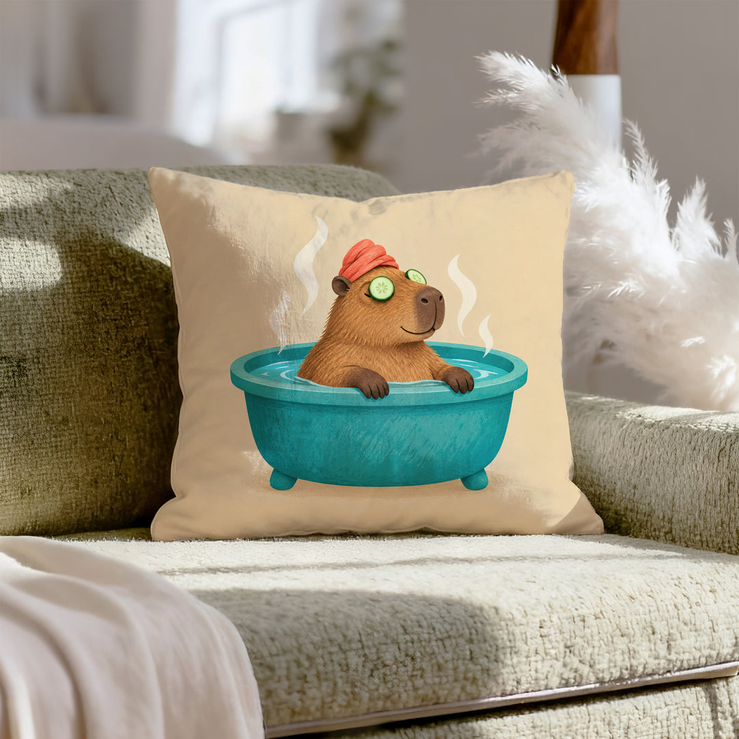 The Deep Soak – Capybara Decor in a Steaming Spa Bath – Throw Pillow