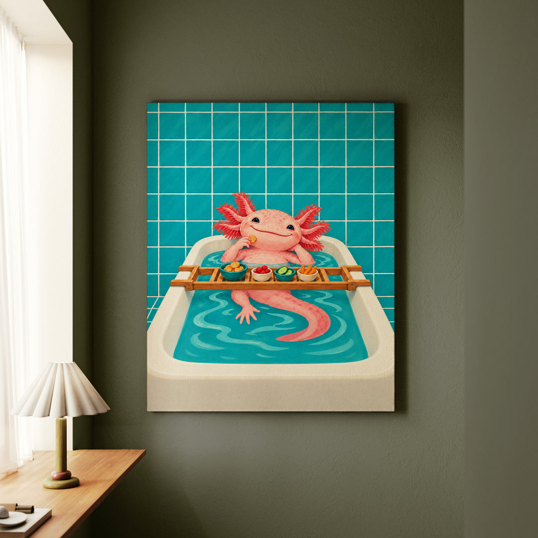 Tank Life – Axolotl Wall Art with a Smiling Bathtub Soak – Canvas Wall Art