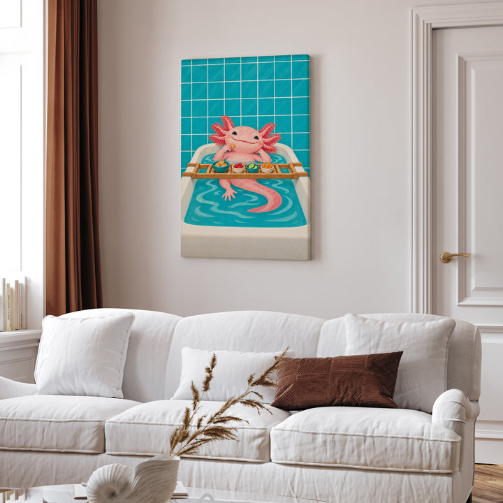 Tank Life – Axolotl Wall Art with a Smiling Bathtub Soak – Canvas Wall Art