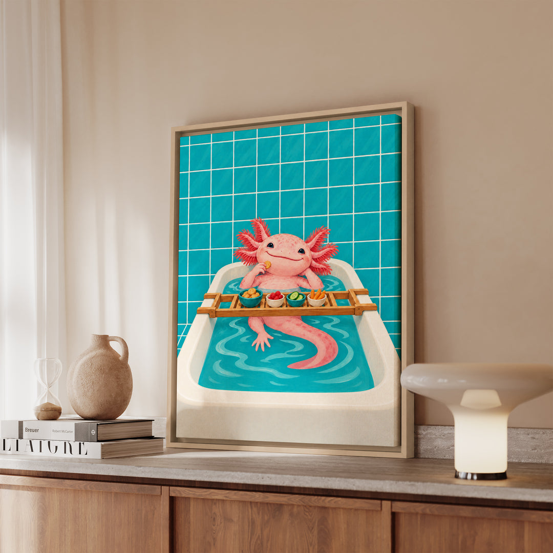 Tank Life – Axolotl Wall Art with a Smiling Bathtub Soak – Framed Canvas Wall Art