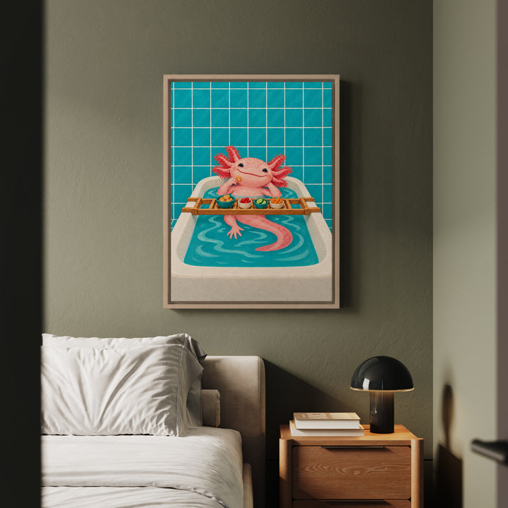 Tank Life – Axolotl Wall Art with a Smiling Bathtub Soak – Framed Canvas Wall Art