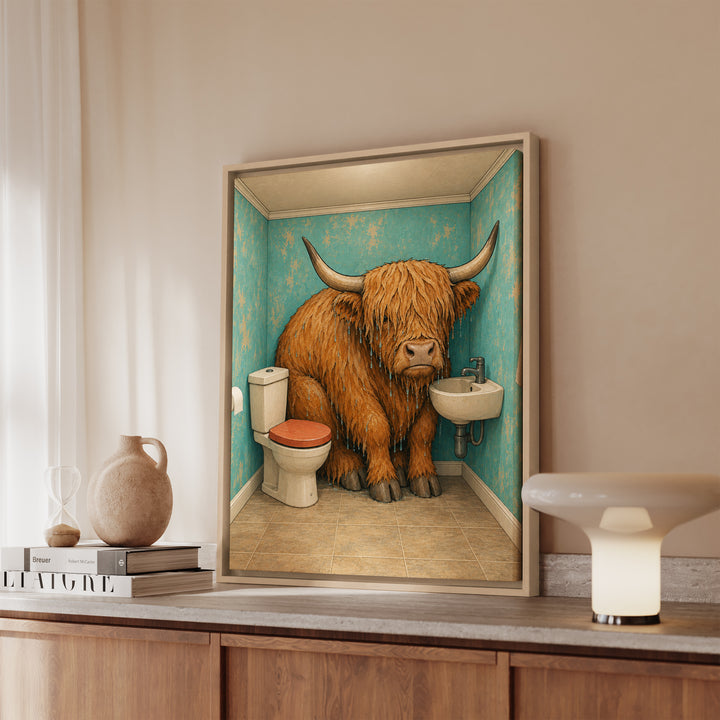 Occupied – Funny Bathroom Art with a Highland Cow in the Tub – Canvas / Framed Canvas