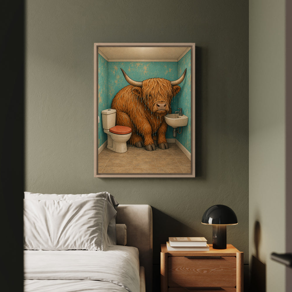 Occupied – Funny Bathroom Art with a Highland Cow in the Tub – Framed Canvas Wall Art