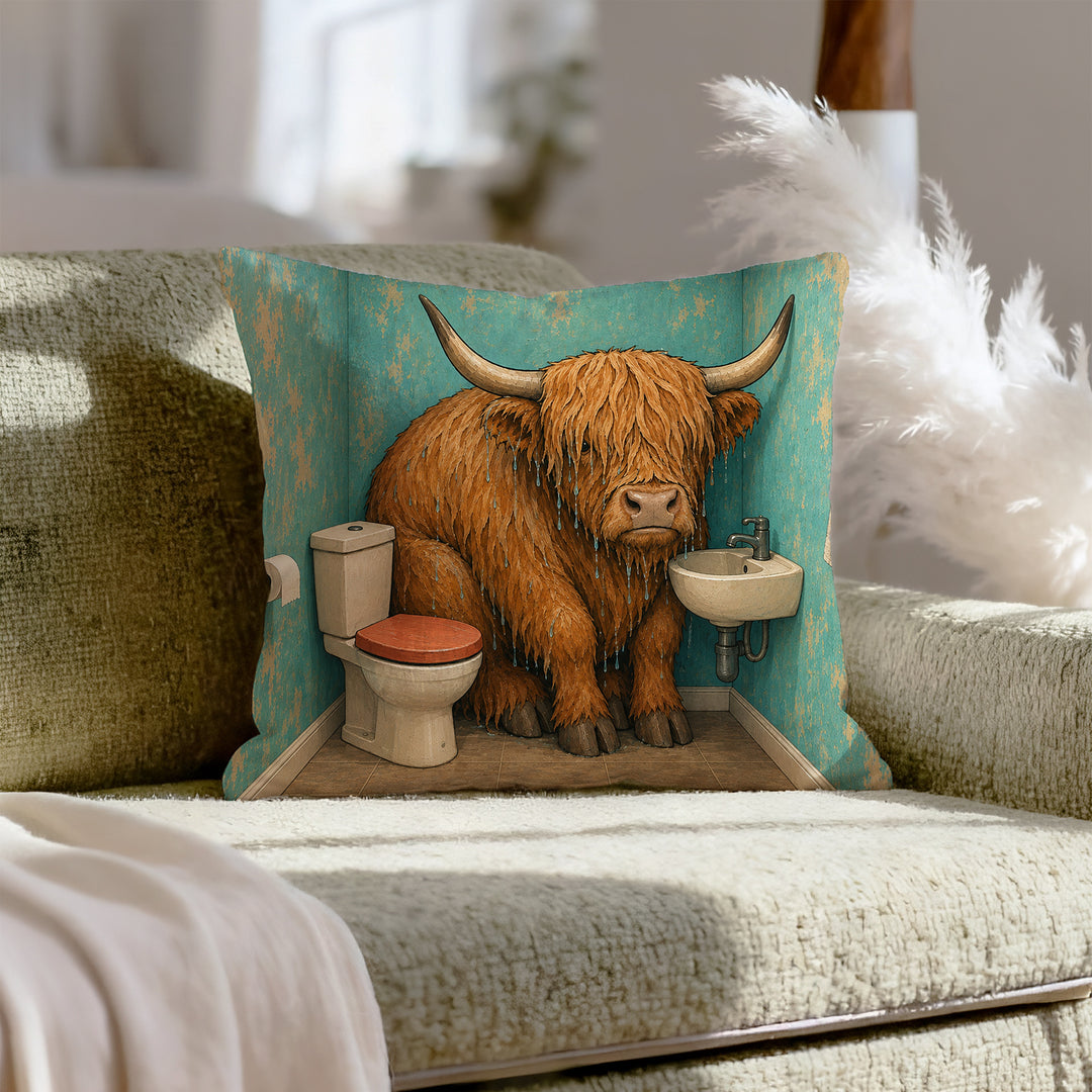 Occupied – Funny Bathroom Art with a Highland Cow in the Tub – Pillow / Cover