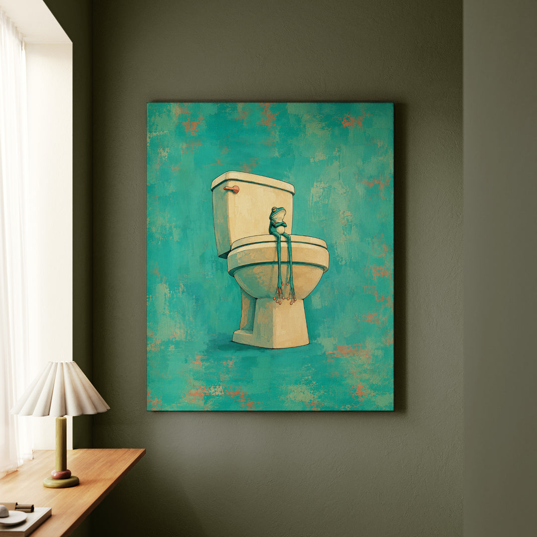 Small Frog, Big Throne – Funny Toilet Art with a Porcelain Monarch – Canvas / Framed Canvas