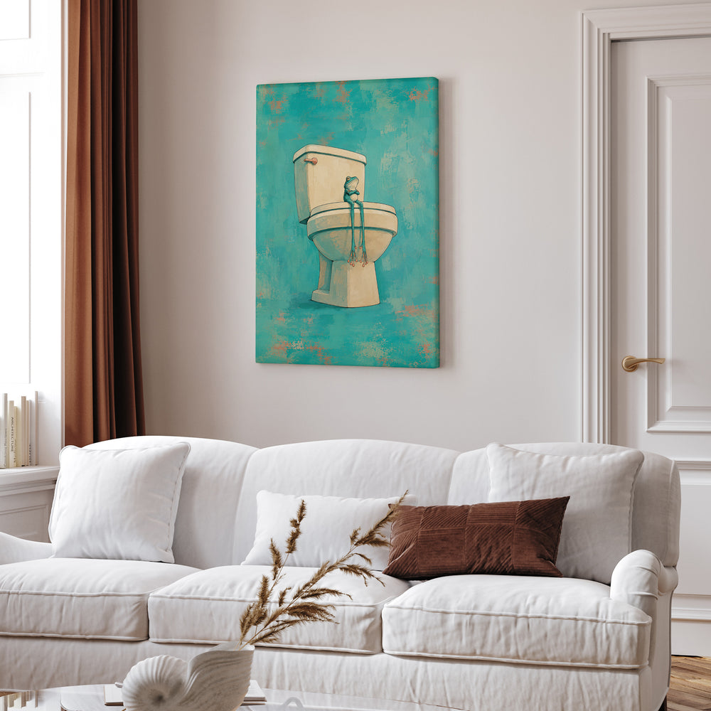 Small Frog, Big Throne – Funny Toilet Art with a Porcelain Monarch – Canvas Wall Art