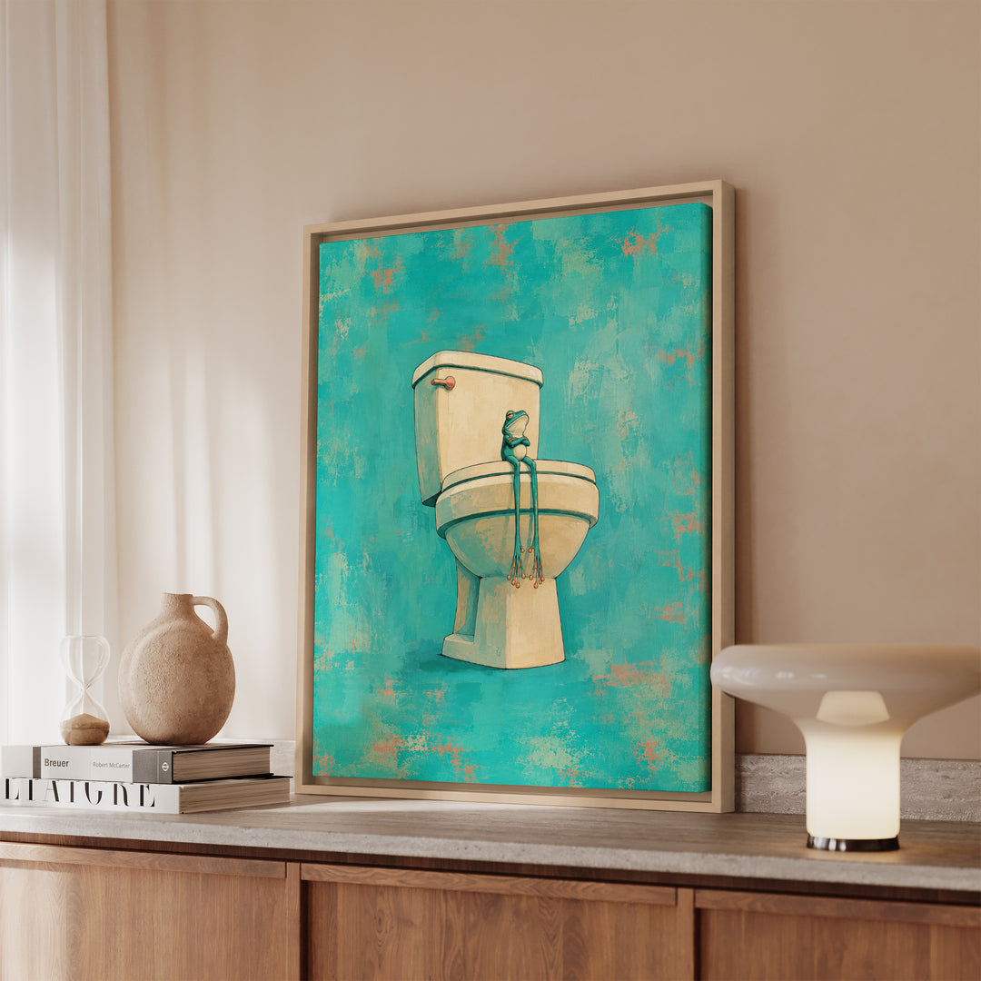 Small Frog, Big Throne – Funny Toilet Art with a Porcelain Monarch – Canvas / Framed Canvas
