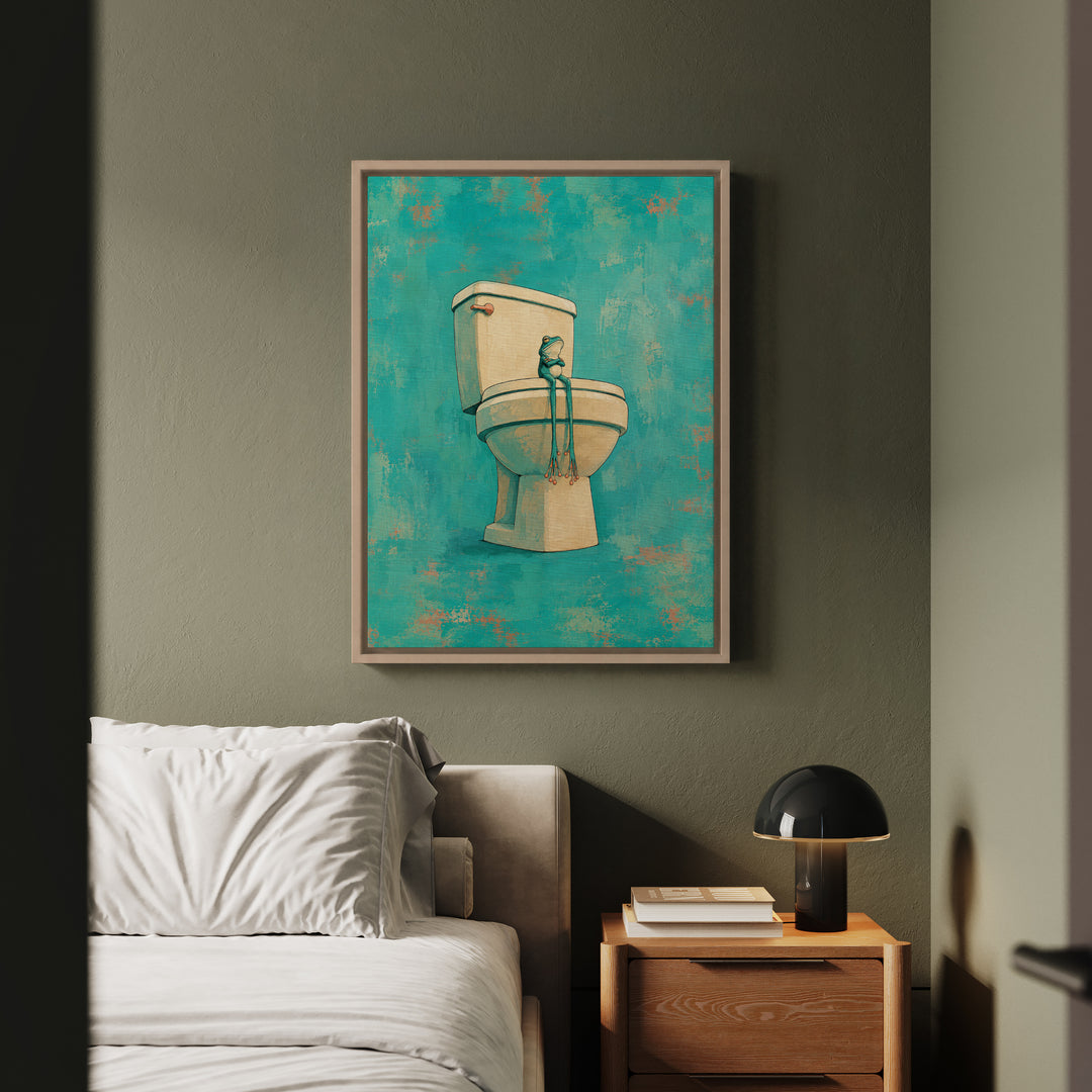 Small Frog, Big Throne – Funny Toilet Art with a Porcelain Monarch – Framed Canvas Wall Art