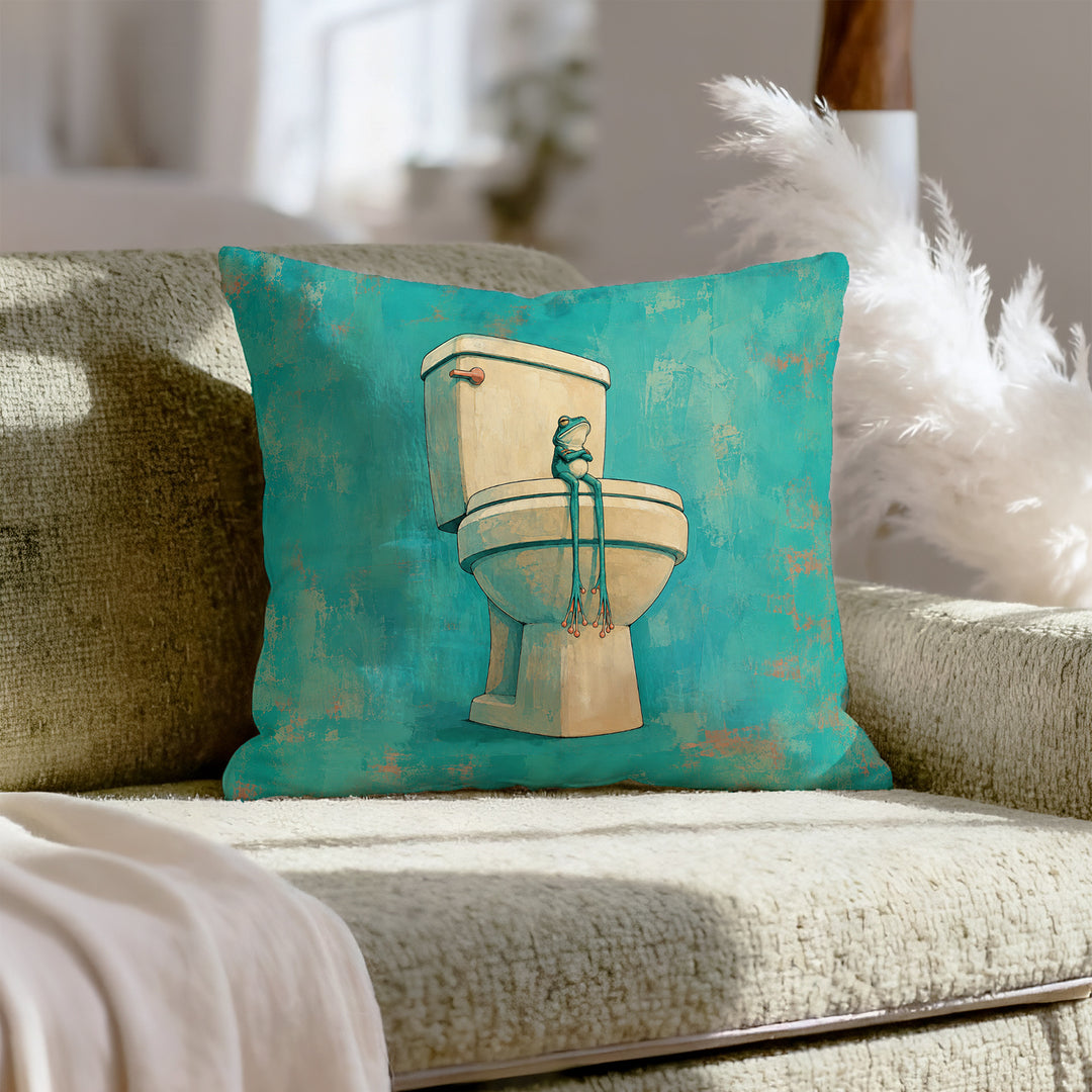 Small Frog, Big Throne – Funny Toilet Decor with a Porcelain Monarch – Pillow Cover