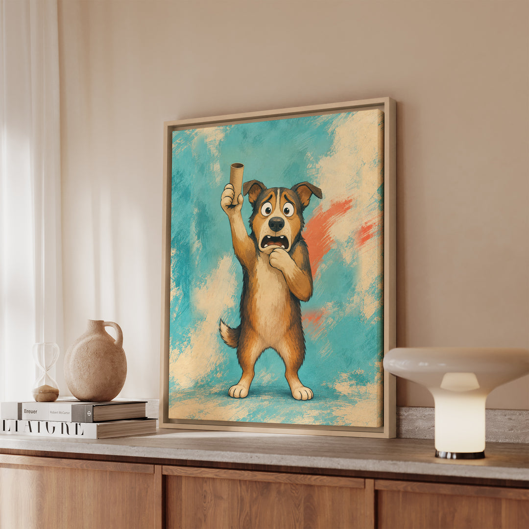 Out of Paper – Funny Bathroom Art with a Panicked Dog – Framed Canvas Wall Art