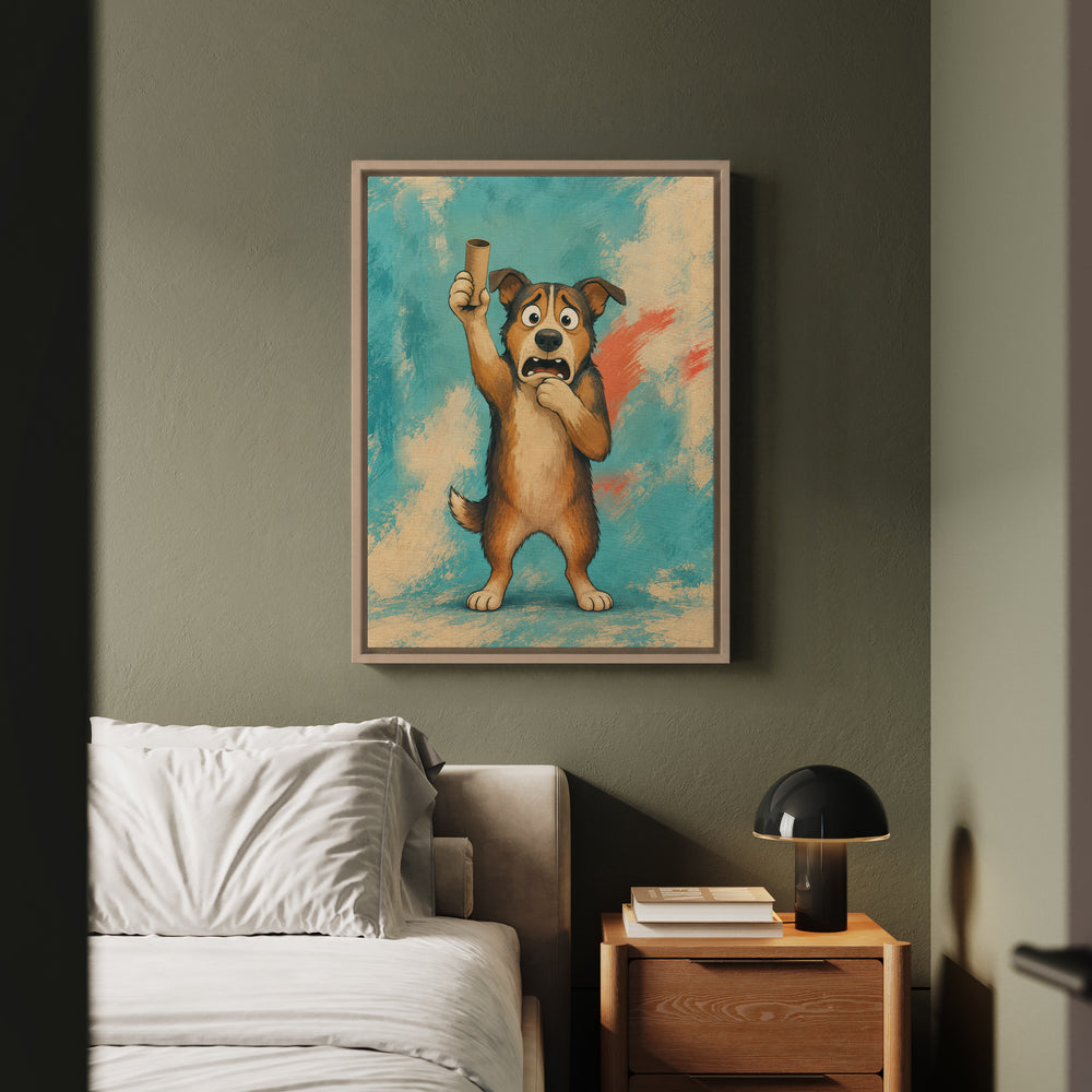 Out of Paper – Funny Bathroom Art with a Panicked Dog – Framed Canvas Wall Art