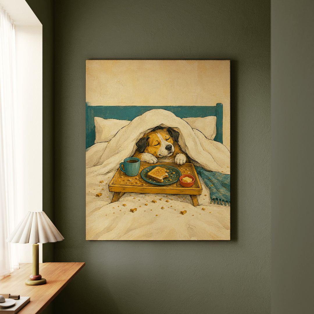 Breakfast in Bed – Funny Dog Art with a Duvet Tray and Toast Crumbs – Canvas Wall Art