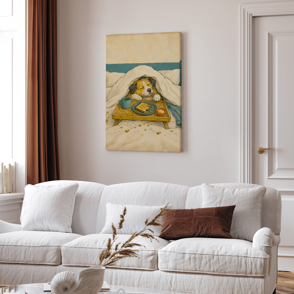 Breakfast in Bed – Funny Dog Art with a Duvet Tray and Toast Crumbs – Canvas Wall Art
