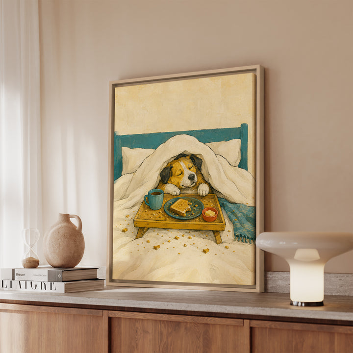Breakfast in Bed – Funny Dog Art with a Duvet Tray and Toast Crumbs – Canvas / Framed Canvas