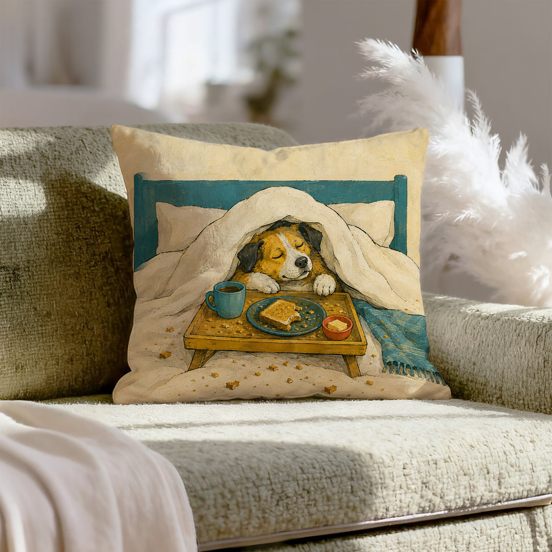 Breakfast in Bed – Funny Dog Decor with a Duvet Tray and Toast Crumbs – Throw Pillow