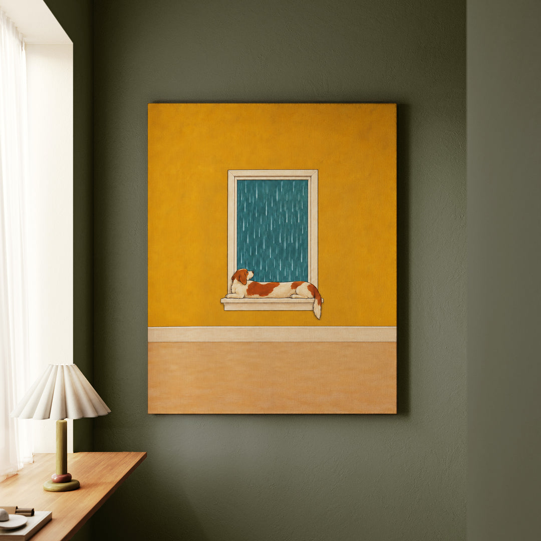 Rainy Day Watch – Dog Wall Art with a Long Dog on the Windowsill – Canvas Wall Art
