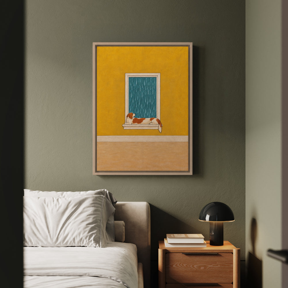 Rainy Day Watch – Dog Wall Art with a Long Dog on the Windowsill – Framed Canvas Wall Art