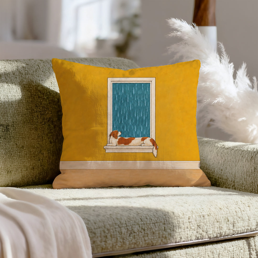 Rainy Day Watch – Dog Decor with a Long Dog on the Windowsill – Throw Pillow