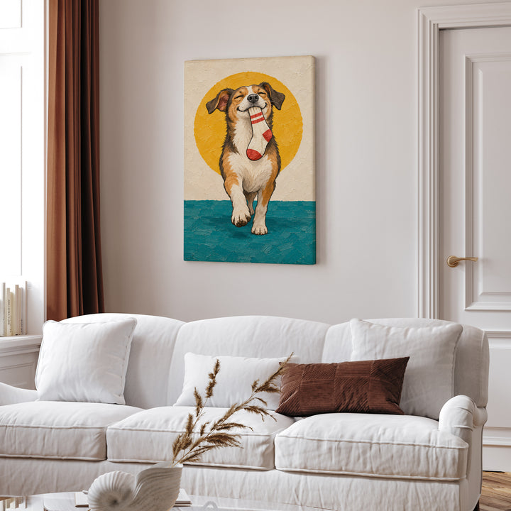 Sock Trophy – Funny Dog Art with a Stolen Prize and Gold Medal Pride – Canvas / Framed Canvas