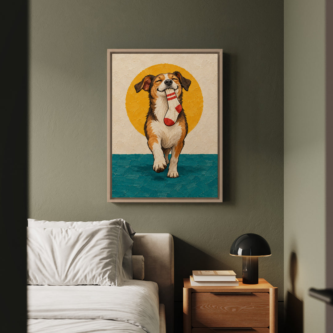 Sock Trophy – Funny Dog Art with a Stolen Prize and Gold Medal Pride – Canvas / Framed Canvas