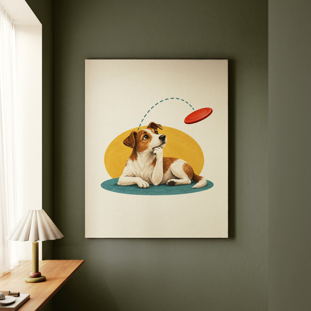 The Flying Disc Physicist – Funny Dog Art with a Midair Catch and Sharp Eyes – Canvas / Framed Canvas