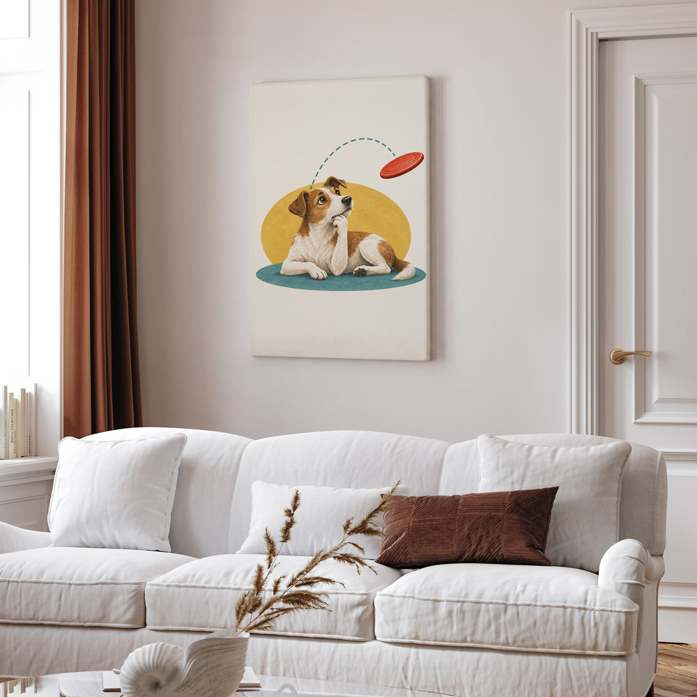 The Flying Disc Physicist – Funny Dog Art with a Midair Catch and Sharp Eyes – Canvas Wall Art
