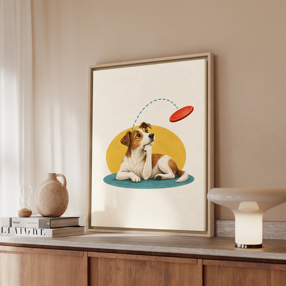 The Flying Disc Physicist – Funny Dog Art with a Midair Catch and Sharp Eyes – Canvas / Framed Canvas