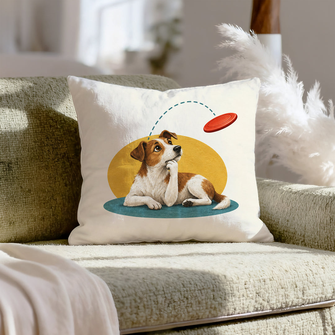 The Flying Disc Physicist – Funny Dog Decor with a Midair Catch and Sharp Eyes – Throw Pillow
