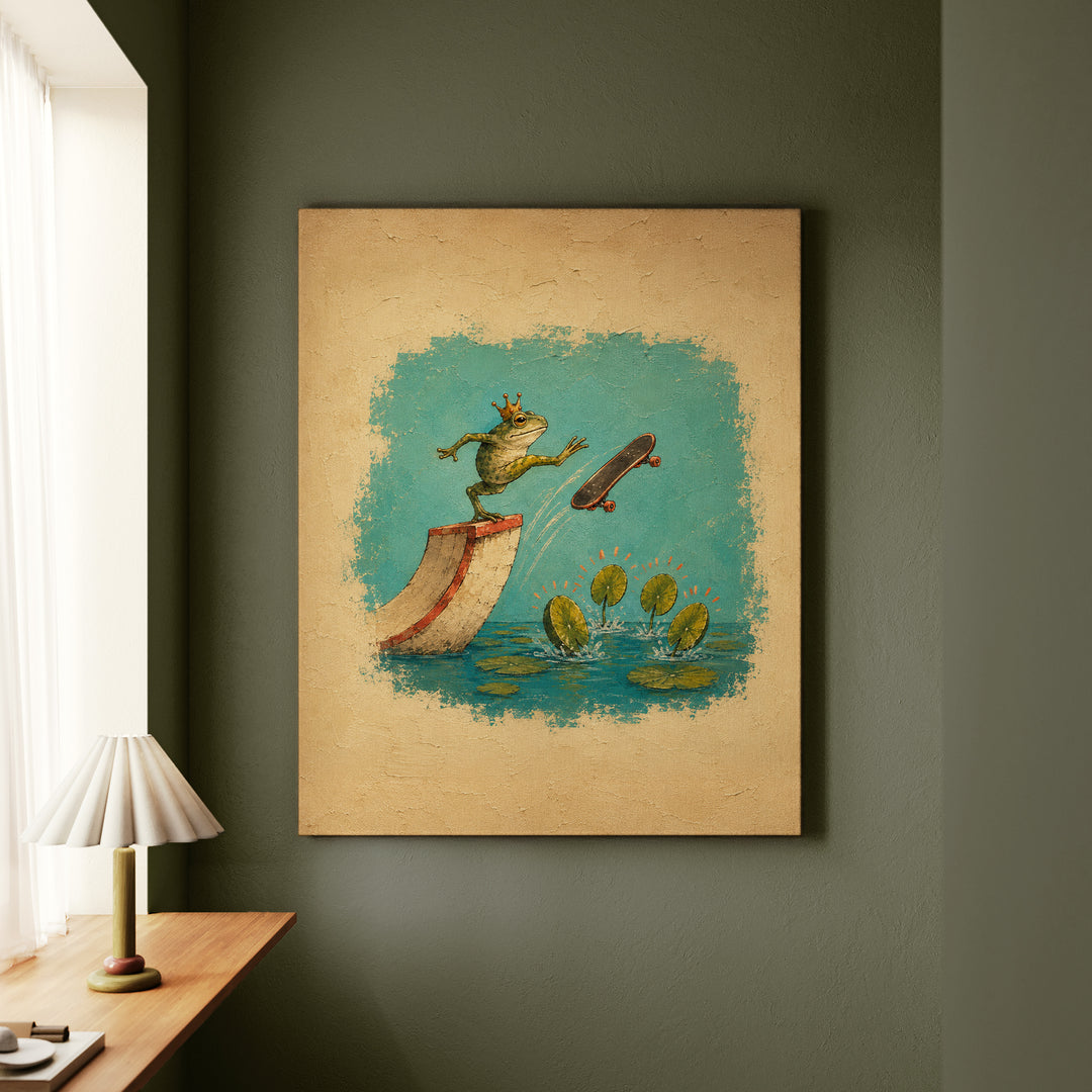 Skate Prince – Quirky Wall Art with a Crowned Frog on a Ramp – Canvas Wall Art