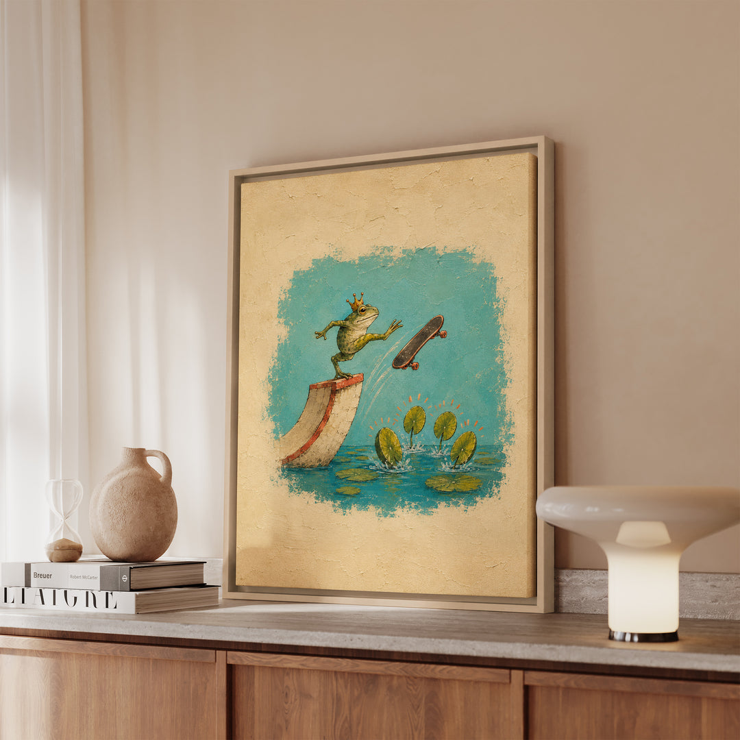 Skate Prince – Quirky Wall Art with a Crowned Frog on a Ramp – Framed Canvas Wall Art
