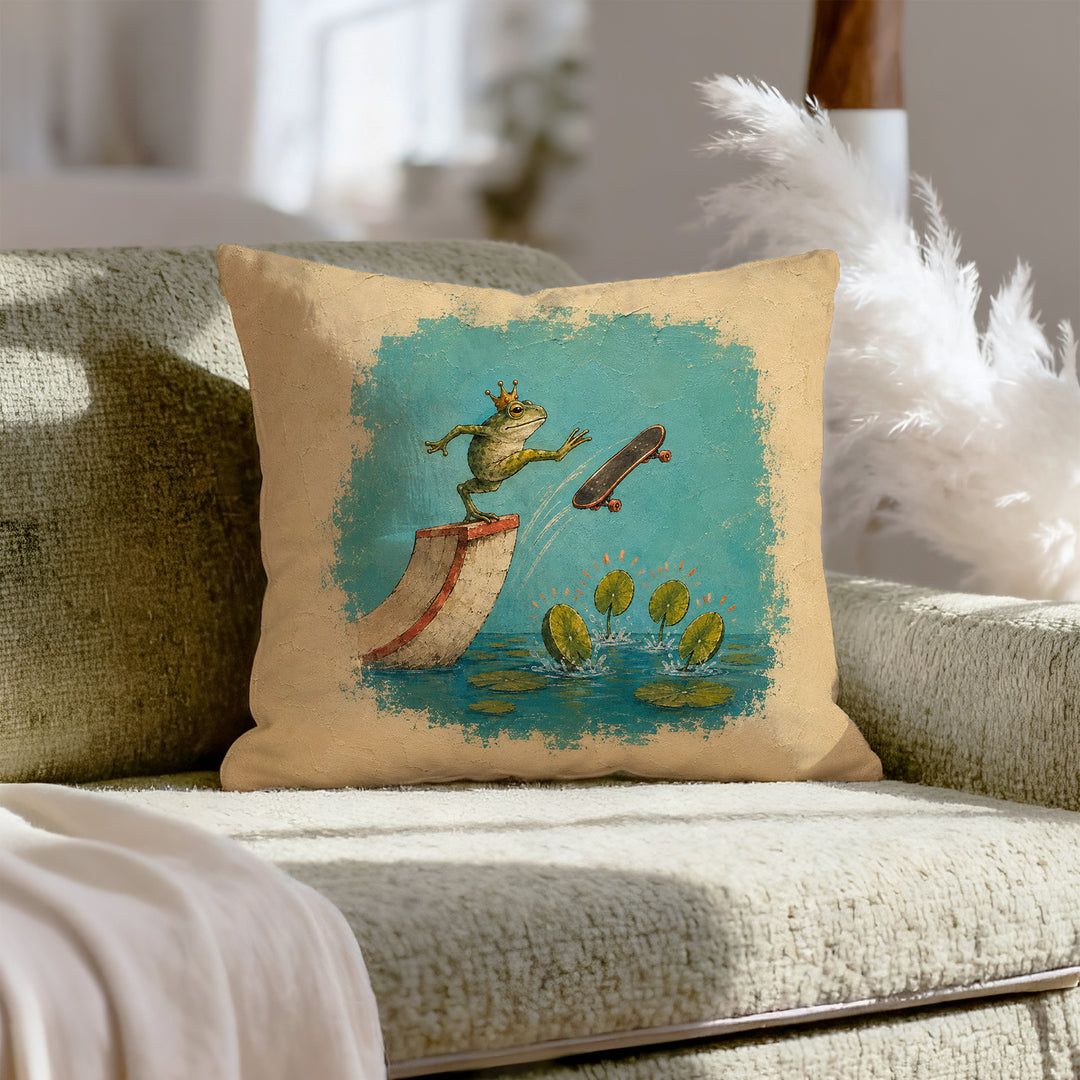Skate Prince – Quirky Wall Art with a Crowned Frog on a Ramp – Pillow / Cover