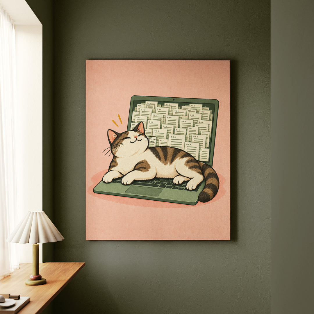 Keyboard Supervisor – Funny Cat Art with a Laptop Takeover at Work – Canvas / Framed Canvas
