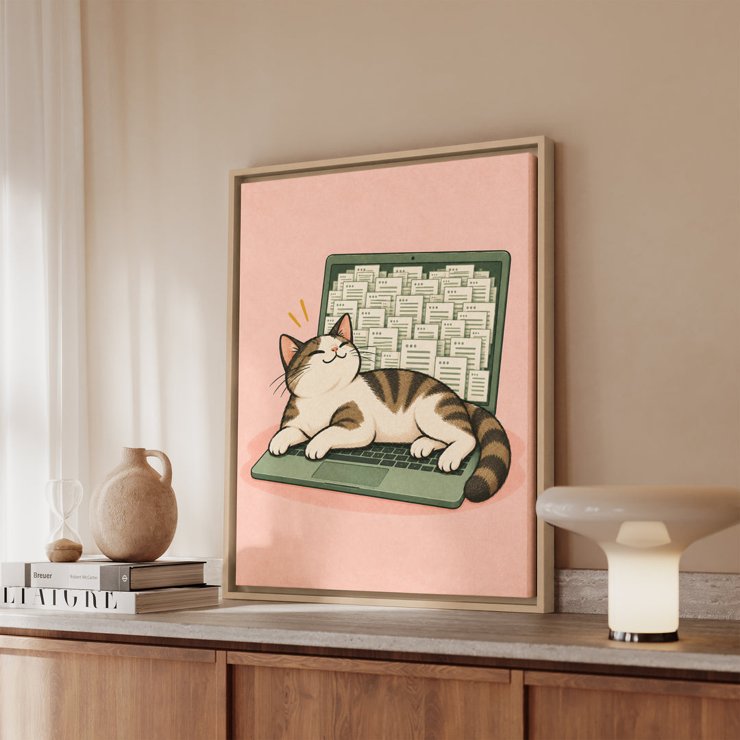 Keyboard Supervisor – Funny Cat Art with a Laptop Takeover at Work – Framed Canvas Wall Art