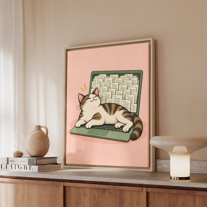 Keyboard Supervisor – Funny Cat Art with a Laptop Takeover at Work – Canvas / Framed Canvas