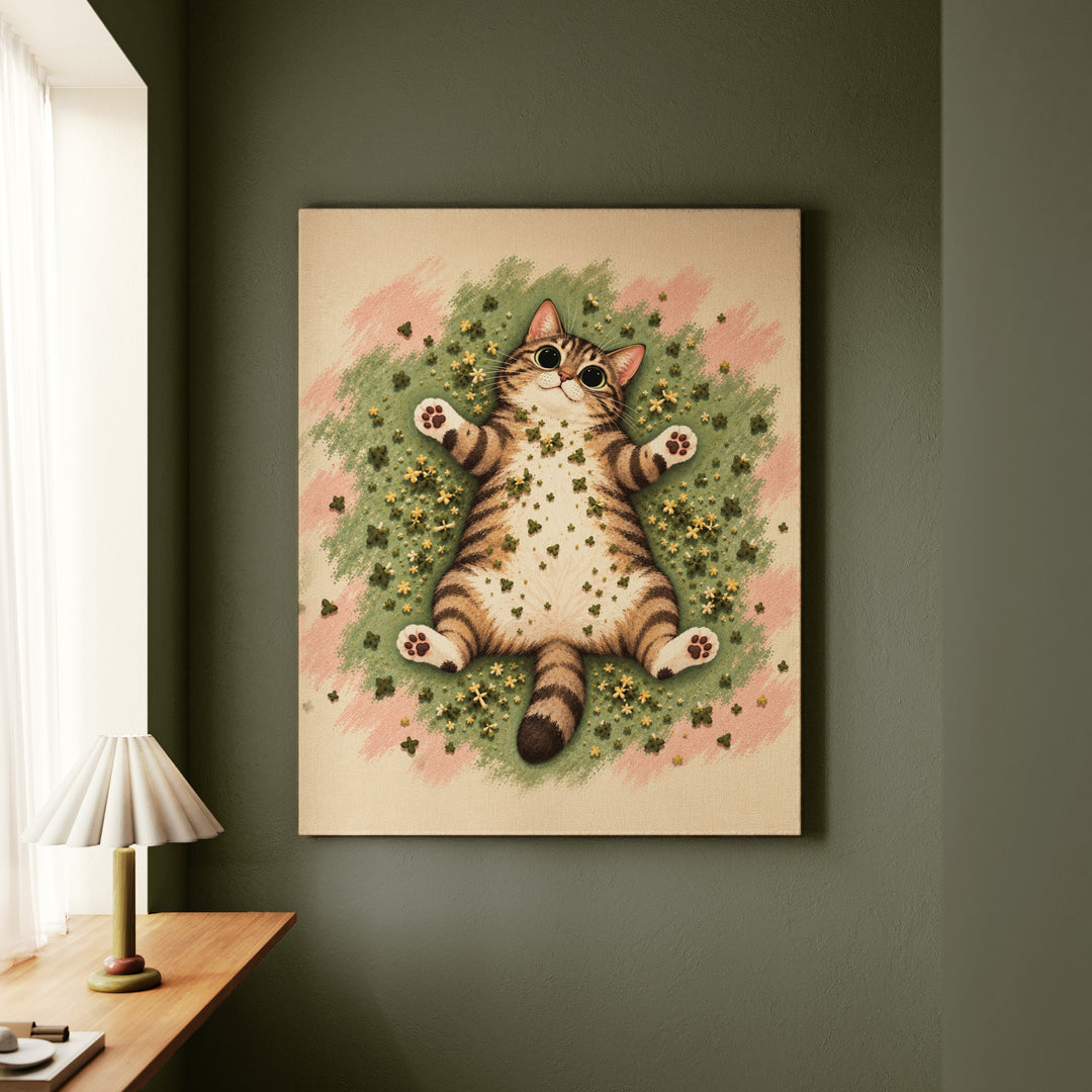 Catnip Aftermath – Funny Cat Art with a Sprawl and Dinner Plate Pupils – Canvas / Framed Canvas